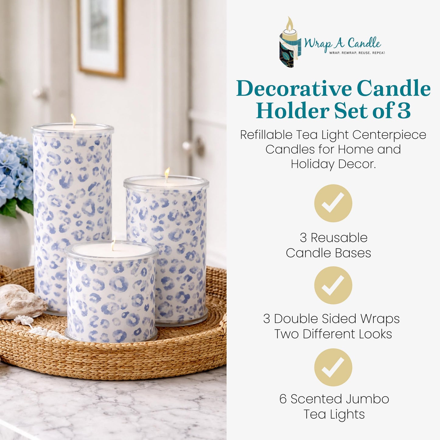 Decorative Candle Holder Set of 3, Table Centerpiece Candles for Home Decor, Reusable Pillar Candle Alternative with Interchangeable Wraps, Refillable Tea Light System, Giftable Holiday Decor Accent