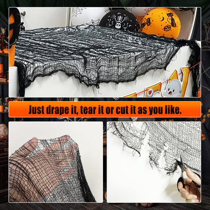 JOHOSEEK 4 Pack Halloween Creepy Cloth Decoration, 30 x 120 inch Black Gauze Halloween Decor, Scary Black Cheesecloth, Spooky Fabric Decoration for Haunted House Wall Yard Outdoor Indoor