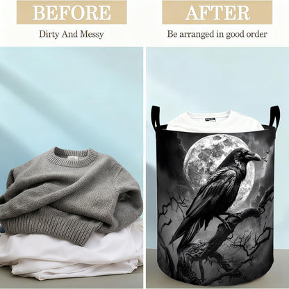Raven Moon Laundry Basket Hamper for Boys Girls Kids Adults, Foldable Waterproof Oxford Clothes Storage Bin, Gothic Spooky Organizer for Bedroom Bathroom Room Decor 19.7"x15.8"