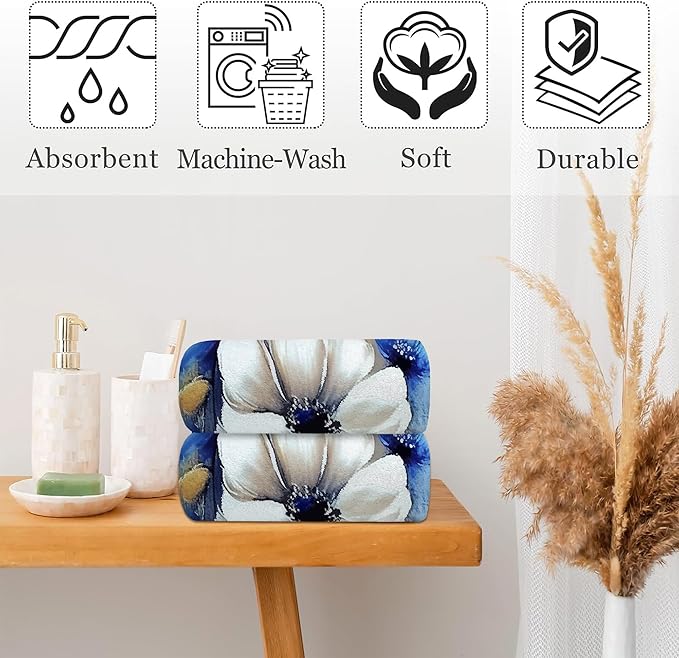 Watercolor White Blue Flowers Hand Towel Set of 2, Abstract Oil Painting Floral