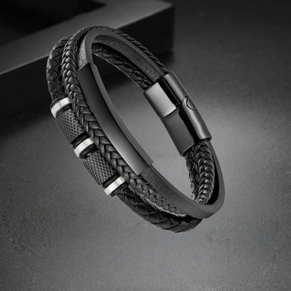 Mens Leather Bracelet, Leather Bracelet For Men, Multi-Layer Braided Leather Mens Bracelet with Stainless Steel Clasp, Perfect or Dad, Husband, Son, Grandson, Nephew, Comes With Gifts Box(Black)