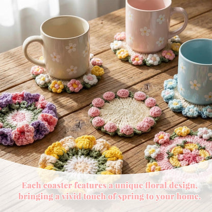 Handmade Crocheted Floral Coasters, Crocheted Bouquet Blankets Paired with Mini Crocheted Flower Pots—Perfect for Floral Decorations in Offices, Homes, and Cars (Sunflower)