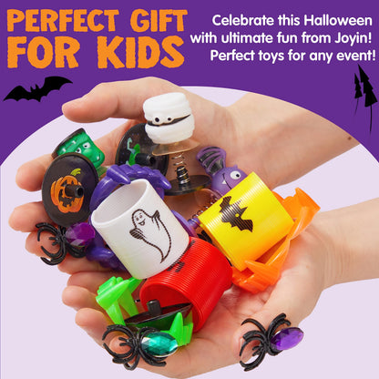 JOYIN 144 PCS Halloween Toy Gifts for Kid Trick or Treating, 24 Pack Prefilled Mini Pumpkin Buckets with Spider Ring, Popper, Spring, Vampire Teeth and Spinning Top, Halloween Party Favors Supplies