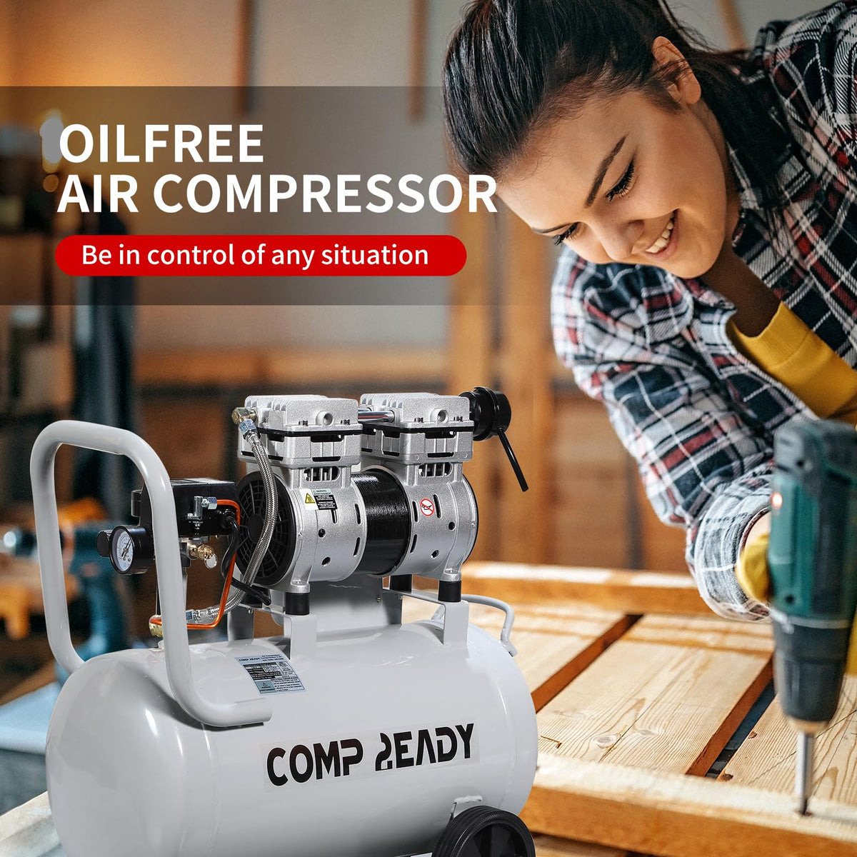6 Gallon Portable Air Compressor 1HP 2.5 CFM@90PSI 60dB Ultra Quiet Oil Free Air Compressor Ideal for Tire Inflation Pneumatic Tool Spray Painting