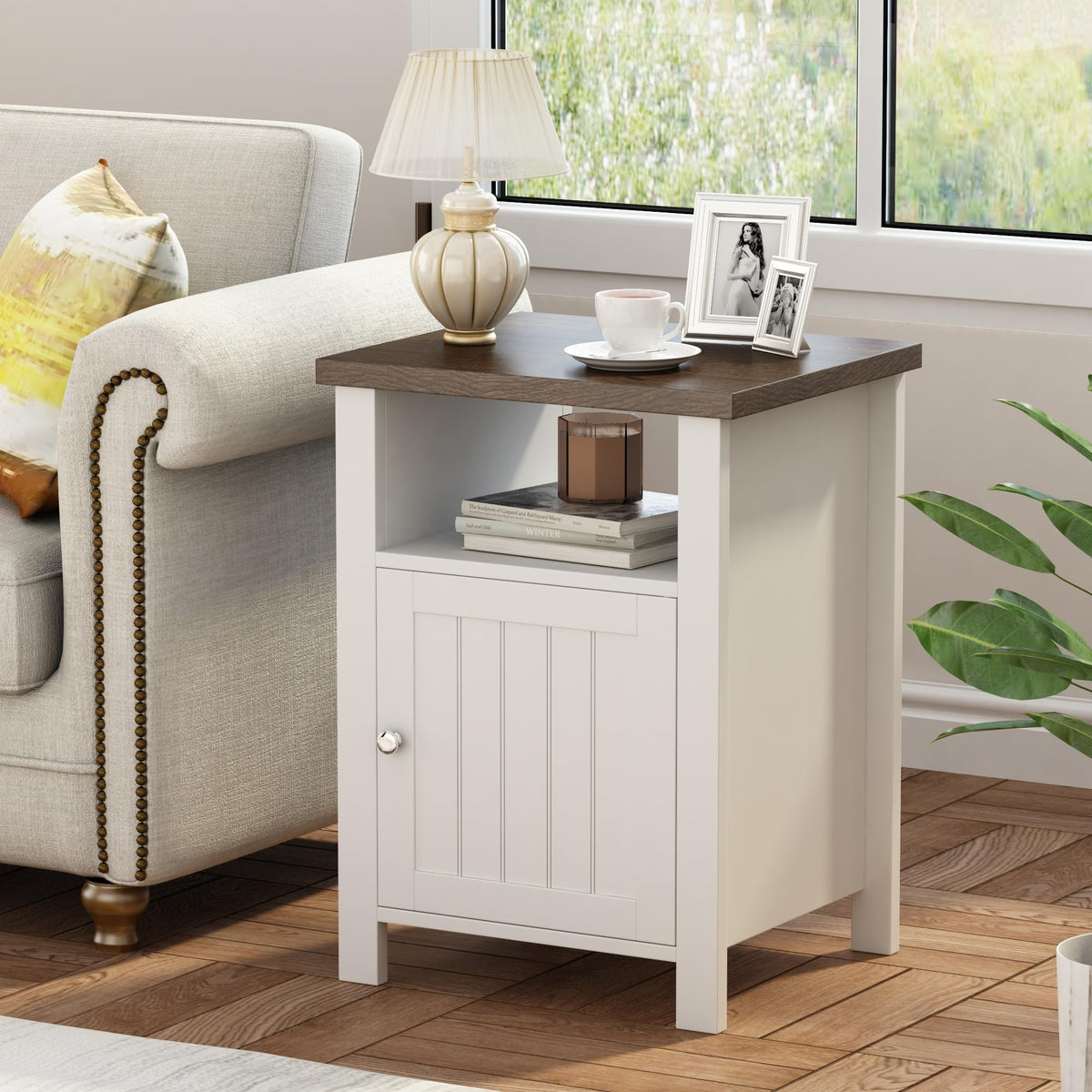 ChooChoo Farmhouse Nightstands Set of 2, Wooden Night Stand with Storage and Open Shelf, Rustic End Table Set of 2 for Bedroom, White & Brown