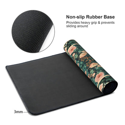 Floral Aesthetic Rose Gaming Mouse Pad, Forest Green Rug Desk Mat with Anti-Slip Base & Stitched Edges,35.4" x 15.7" in Table Mat for Computer Desktop, Beautiful Workstation Decor