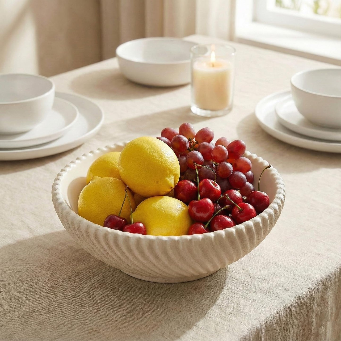 LINYTHER Large Decorative Fruit Bowl for Kitchen Counter or Table, Key Holder Bowl for Entryway Table, Bread Candy Snack Organizer, Modern Farmhouse Centerpiece Decor, Beige/Ribbed