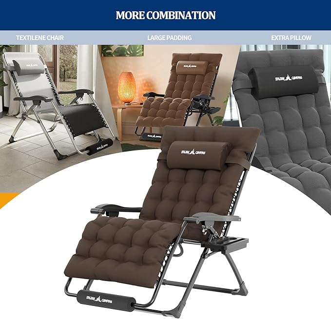 UDPATIO Oversized Zero Gravity Chair Set of 2, 33In XXL Patio Reclining Chair with Cushion, Outdoor Folding Recliner with Pillows|Cup Holder|Foot Rest|Padded Headrest, Brown Grey, Support 500LB