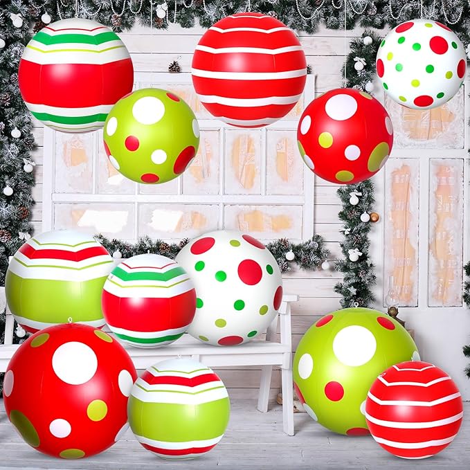 12 Pcs 24/16 Inch Giant Christmas Inflatable Ball Outdoor Blow up Xmas Inflatables Ornaments Giant PVC Christmas Ornaments for Tree Yards Lawns Porch Garden Front Doors Holiday Decor(24,16 Inch)