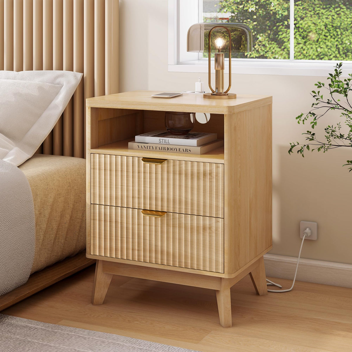 LYNCOHOME Fluted Nightstand with Charging Station, 19.7 inch Wide End Table with 2 Drawers, Modern Wood Bedside Table for Bedroom,Natural,1 Pcs