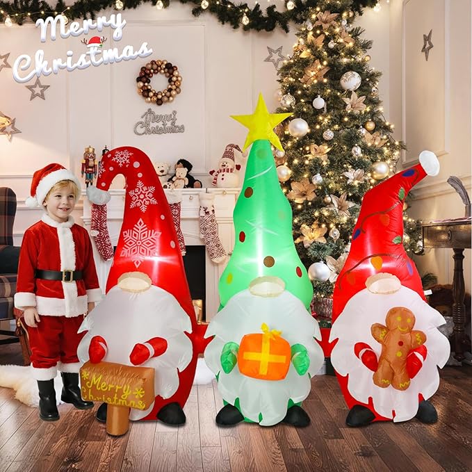 5 FT Christmas Gnomes Inflatable Outdoor Decorations, Inflatable Gnomes with Sign and Gingerbread Man Built-in LED Lights Blow Up Yard Decorations for Holiday Indoor Outdoor Party Garden Lawn