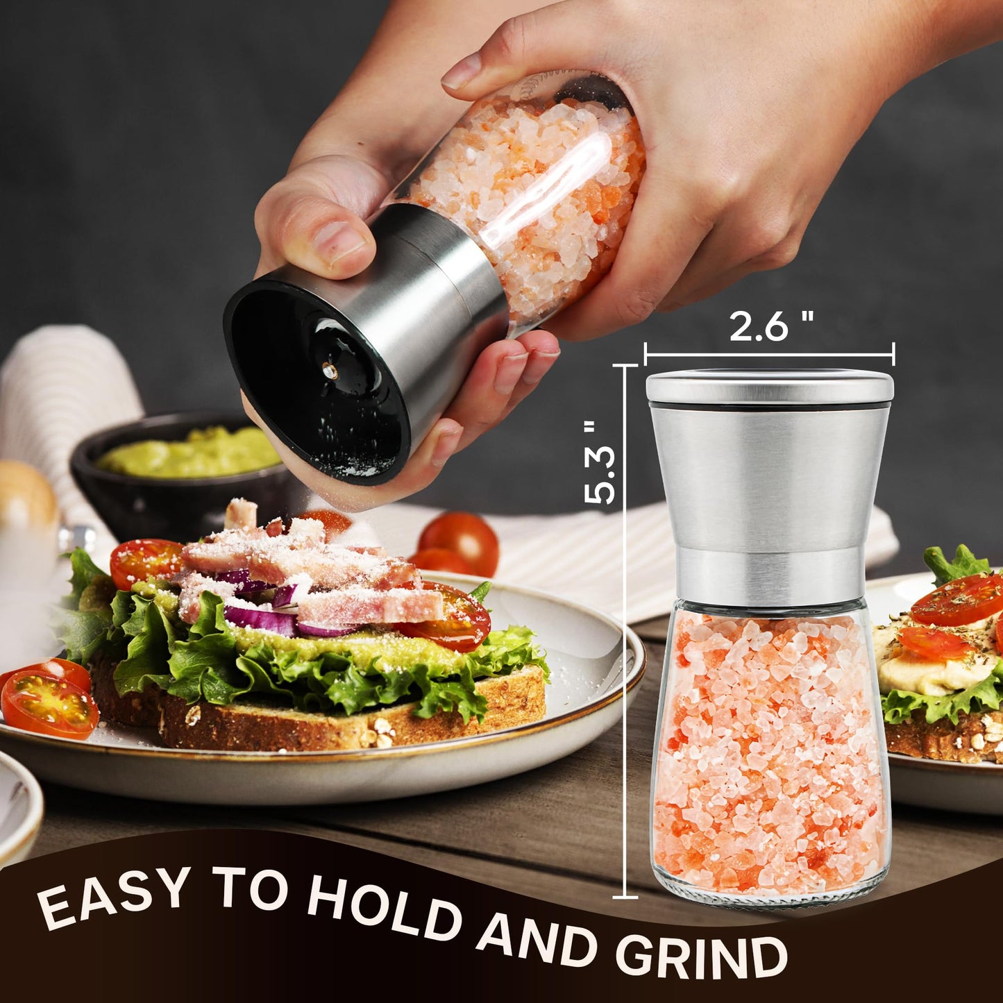 Premium Stainless Steel Salt and Pepper Grinder Set of 4 - Adjustable Ceramic Sea Salt Grinder & Pepper Grinder - Glass Salt and Pepper Shakers - Pepper Mill & Salt Mill W/Funnel