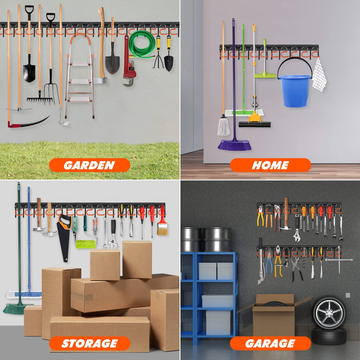 TVKB 51'' All Metal Garden Tool Organizer Adjustable Garage Tool Organizer Wall Mount Garage Organizers and Storage with Heavy Duty Hooks Tool Hangers for Garage Wall, Shed, Garden