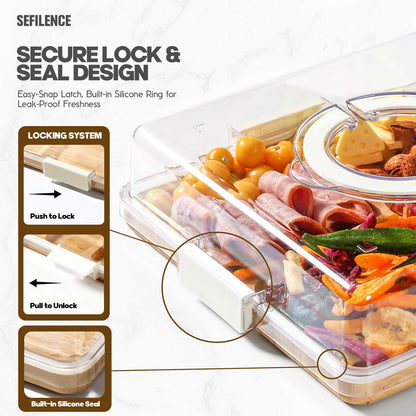 Charcuterie Board with Clear Locking Lid and Handle, 6 Compartment Bamboo Cheese Board Snackle Box, Portable Cutting Board for Snacks, Fruits&Meats, Ideal Gift for Parties, Birthday& House Warming