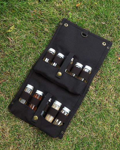 Travel Spice Kit, Portable Spice Bag with 10 Spice Jars, Canvas Seasoning Storage Bag Organizer, Seasoning Bottle Holder with Mini Condiment Bottle, Condiment Container Set for Camping BBQ(Black)