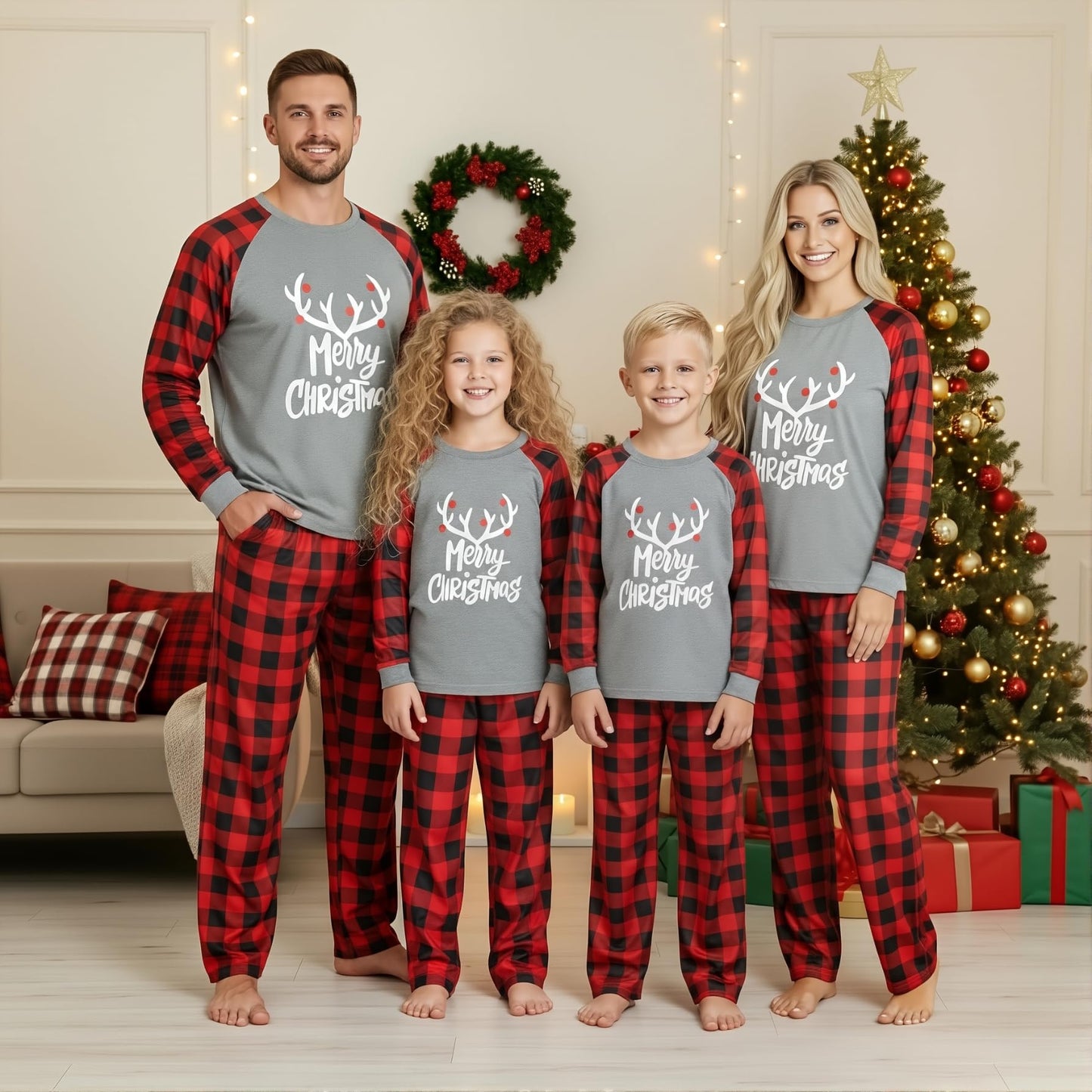 IFFEI Matching Family Pajamas Sets Christmas PJ's with Letter and Plaid Printed Long Sleeve Tee and Bottom Loungewear 6-7 Years Grey