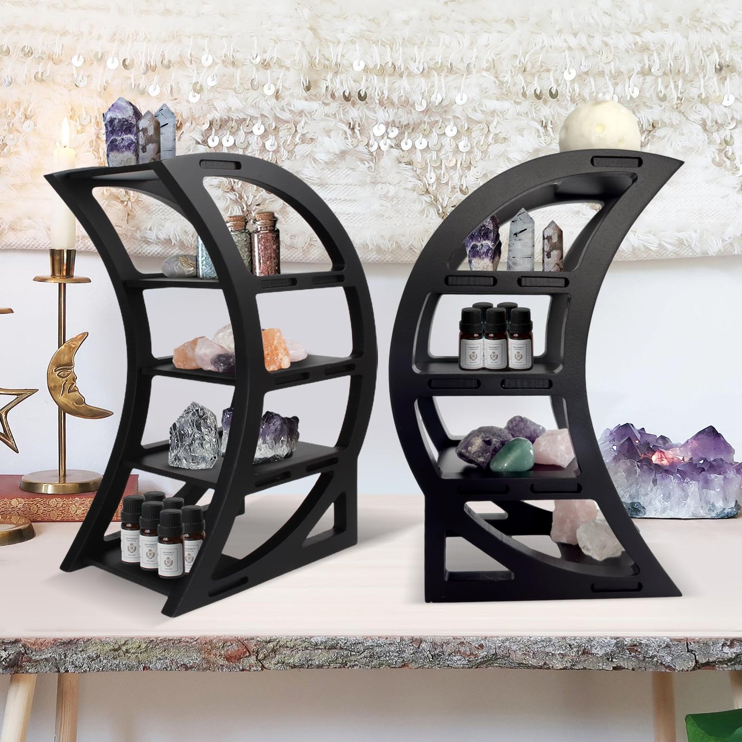 Kiusatig 2-Pack Wooden Crescent Moon Shelf Crystal Shelf Holder Display Moon Decor Shelves for Stones and Essential Oil Bedroom Living Room Bathroom