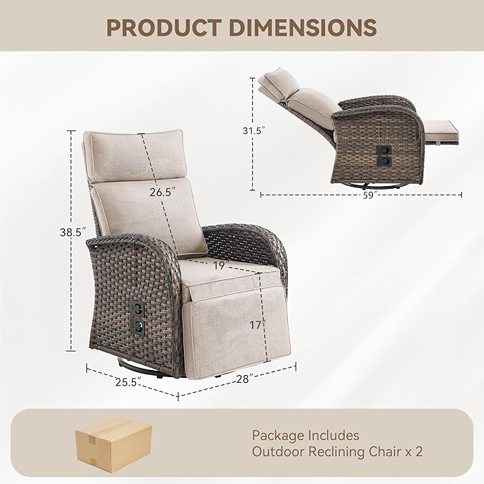Zero Gravity Patio Swivel Rocking Recliner Chairs Set of 2 - Wicker Outdoor Lounge Chair with Adjustable Backrest & Footrest, All Weather Reclining Rocker Chairs with Thick Cushion for Pool Deck Beige