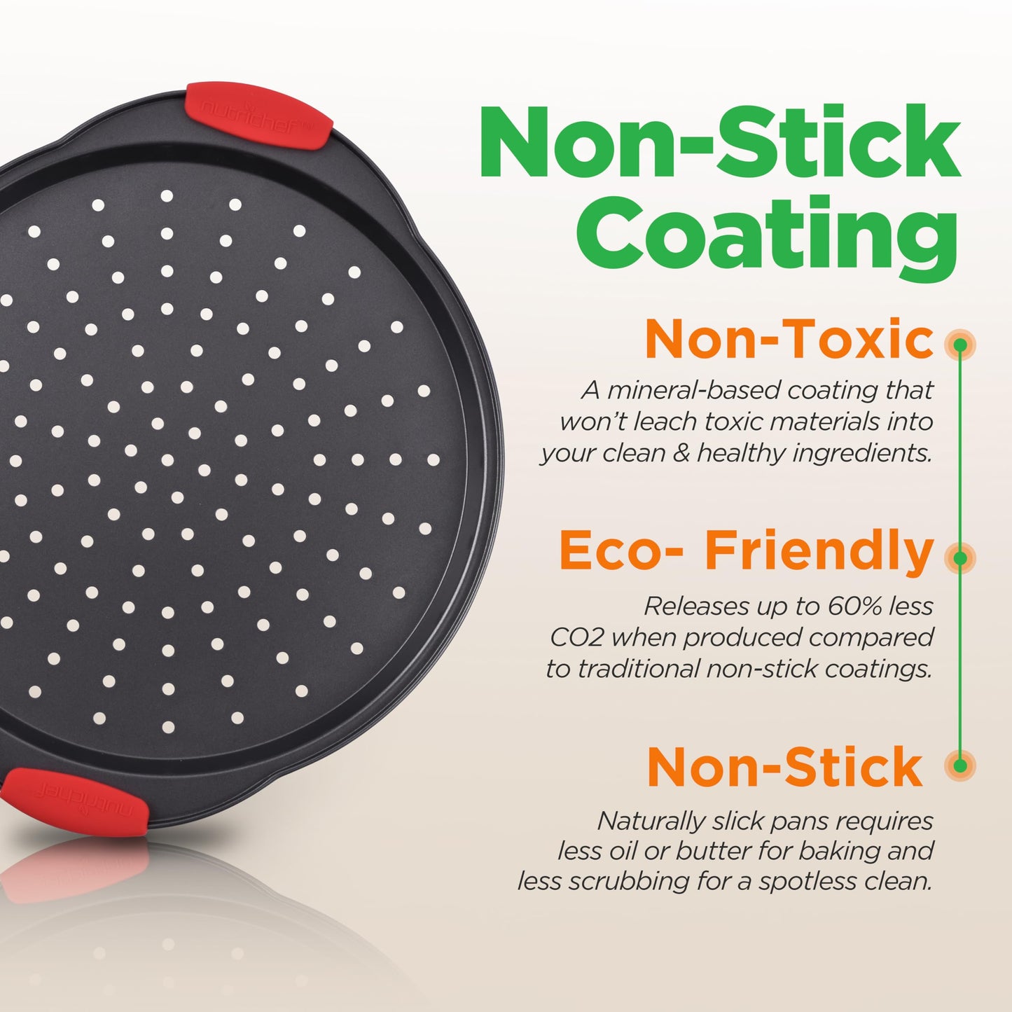 NutriChef 2-Pc. Non Stick Pizza Tray - with Silicone Handle, Round Steel Non-Stick Pan with Perforated Holes, Dishwasher Safe, Pizza Tray with Silicone and Oversized Handle, PFOA, PFOS, PTFE Free