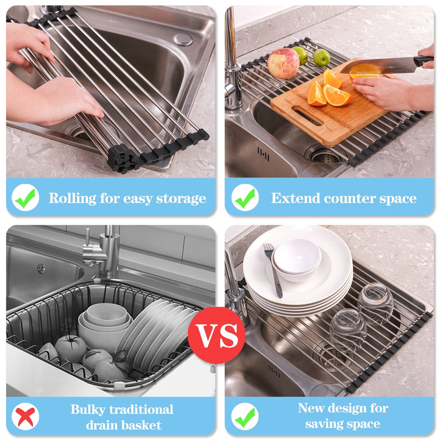 Seropy Roll Up Dish Drying Rack Over The Sink Drying Rack for Kitchen Counter, Rolling Dish Rack Over Sink Mat, Foldable Dish Drainer Stainless Steel Rack Kitchen Organization Gadgets 17.5"x11.8"