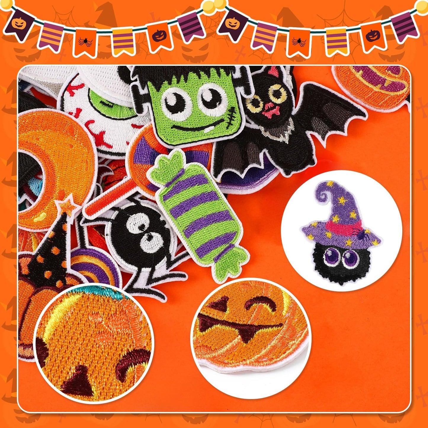 AUGSUN 60pcs Halloween Iron on Patches Random Assorted Halloween Embroidered Sew Applique Repair Patch Cute Skull Pumpkin Ghost Black Cat Witch Bats Patches for Clothing Jacket Dress Backpack Hat