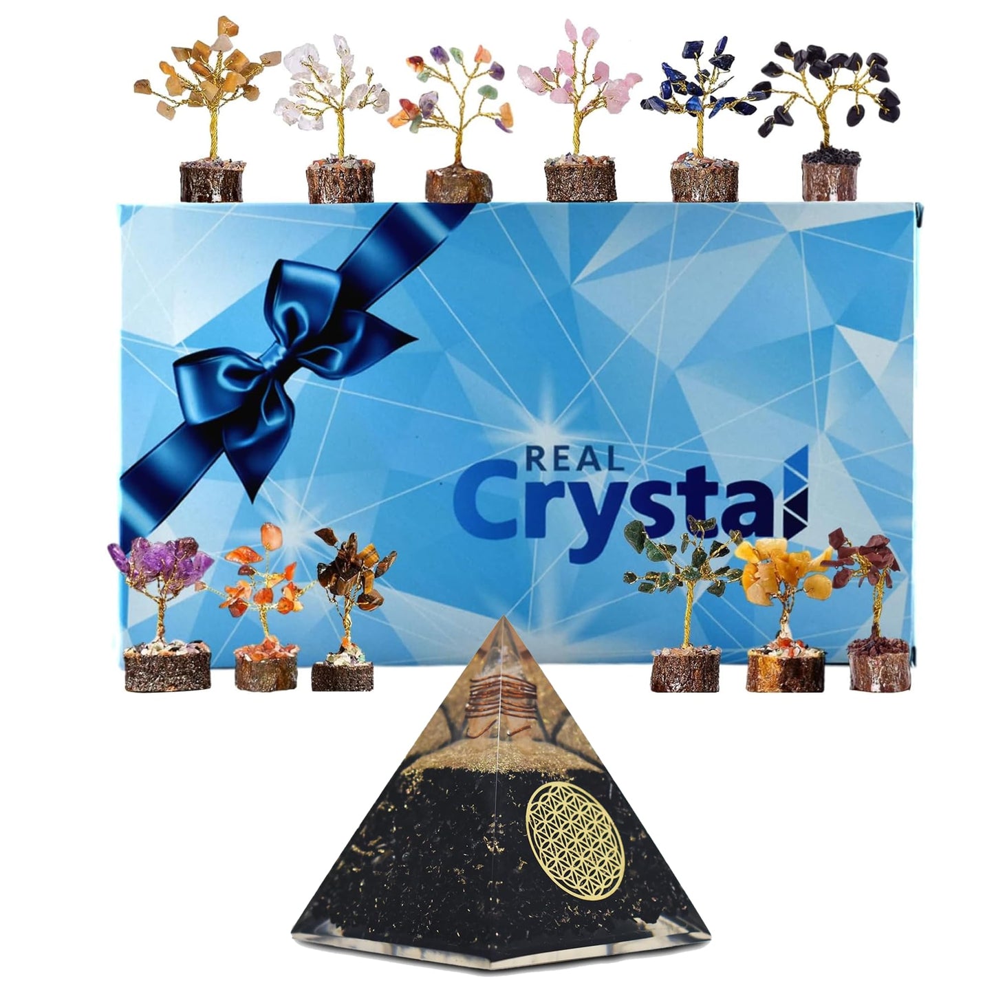 Set of 12 Mini Crystal Tree w/Black Tourmaline Orgonite Pyramid — Handcrafted Tree of Life Healing Crystal — Natural Chakra for Positive Energy, Home & Office Desk Decor, Birthday Gifts for Mom & Dad