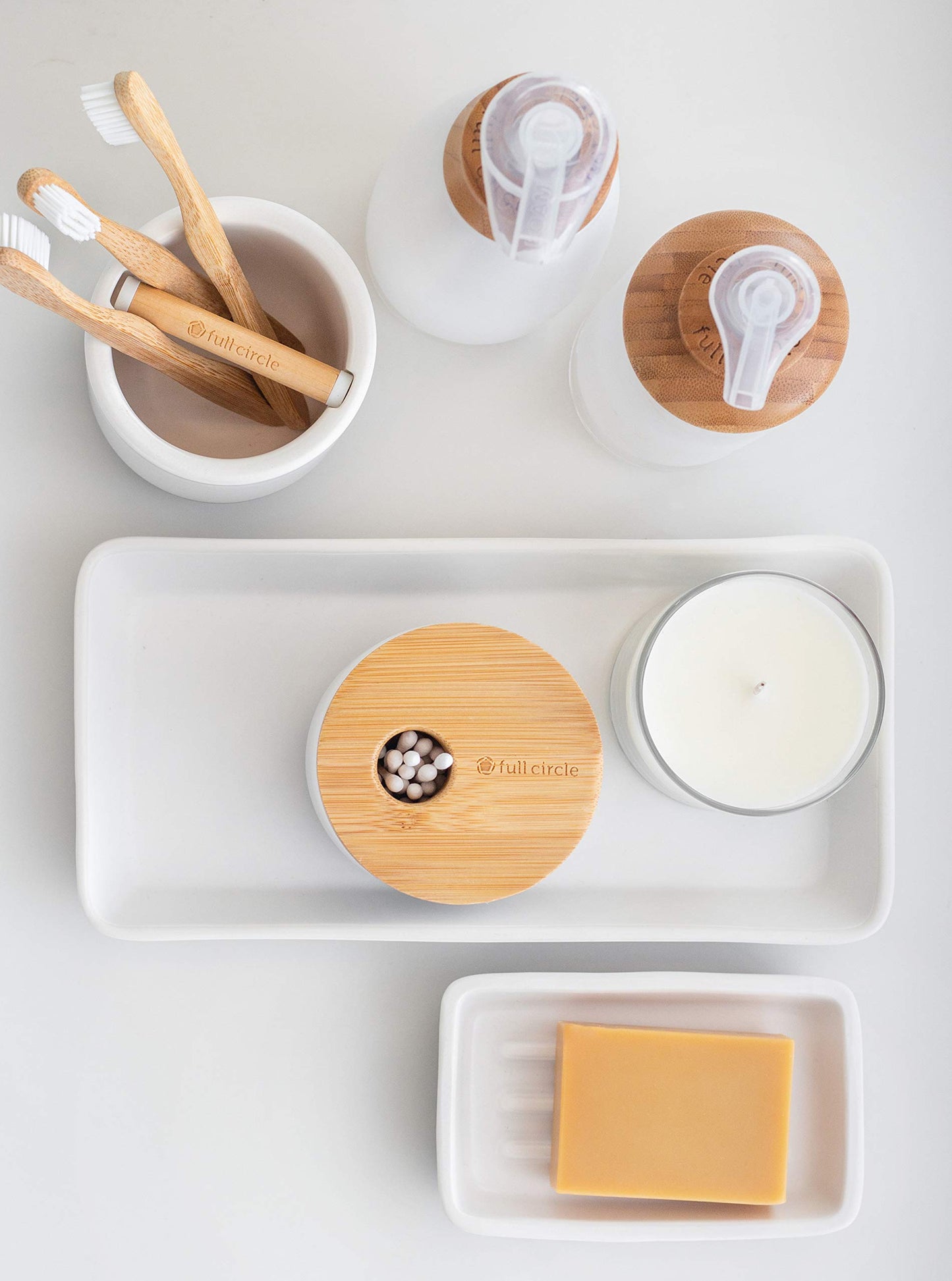 Full Circle Keep It Clean Ceramic & Bamboo Toothbrush Holder, White, Dry Earth Disk