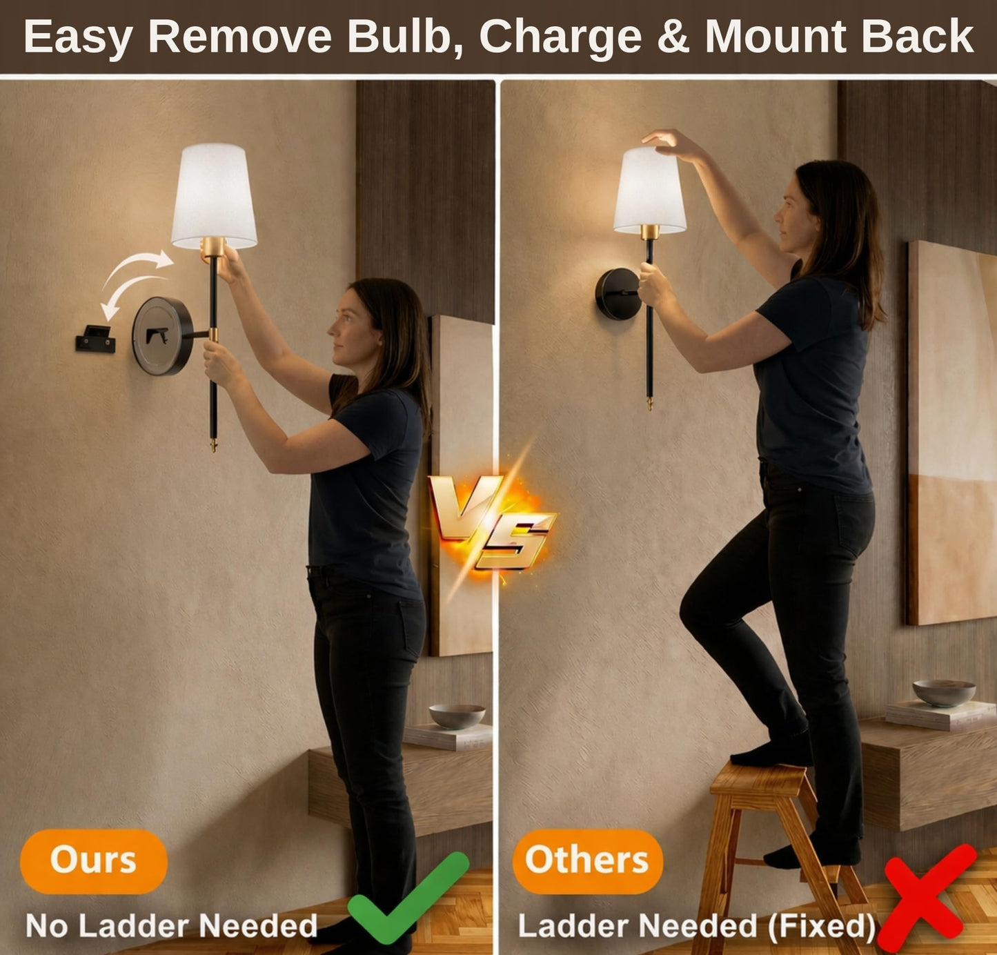 IRONPAX Wall Sconces Battery Operated Set of 2, Wireless Rechargeable Wall Sconce Set of Two, Dimmable Wall Lights with Remote for Bedroom Living Room Hallway Decor (Black, Fabric Shade)