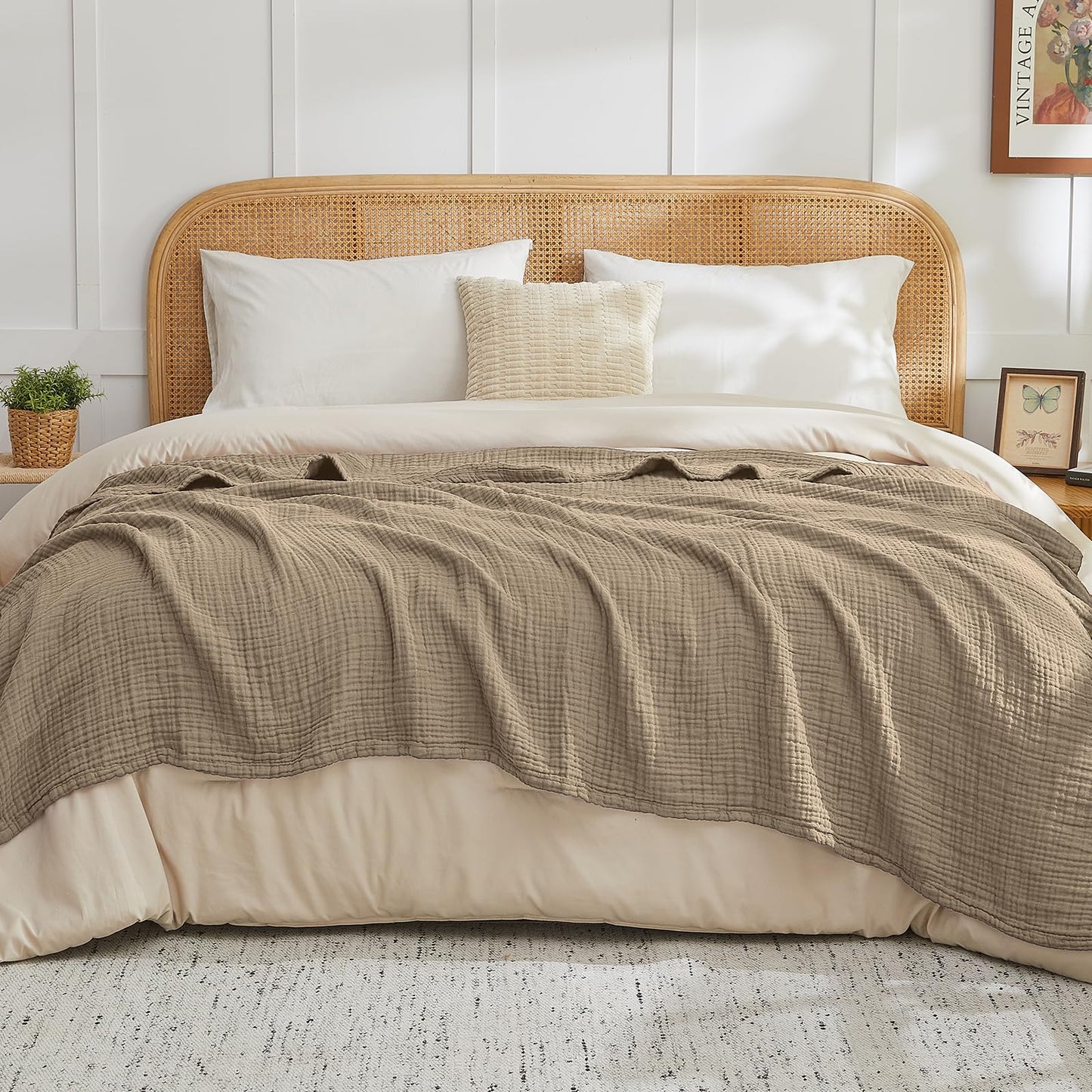 EMME Cotton Muslin King Blanket Bed Layering Bedspread Coverlet Breathable Gauze Soft Lightweight (Tan, 108"x90")