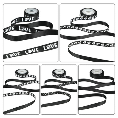 HUIHUANG Paw Print Bone Satin Ribbon Assortment - Black and White, 3/8" & " 5/8" Inch, 10 Rolls 50 Yards - Assorted Ribbon for Crafts, Dog Party Supplies, Gift Wrapping & Decoration