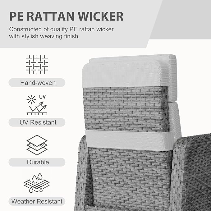 Restland Outdoor Recliner with Independent Adjustable Back & Footrest Wicker Patio Reclining Chair with Flip Table Comfortable Lounge Chair & Thick Cushion for Deck, Porch (Grey)