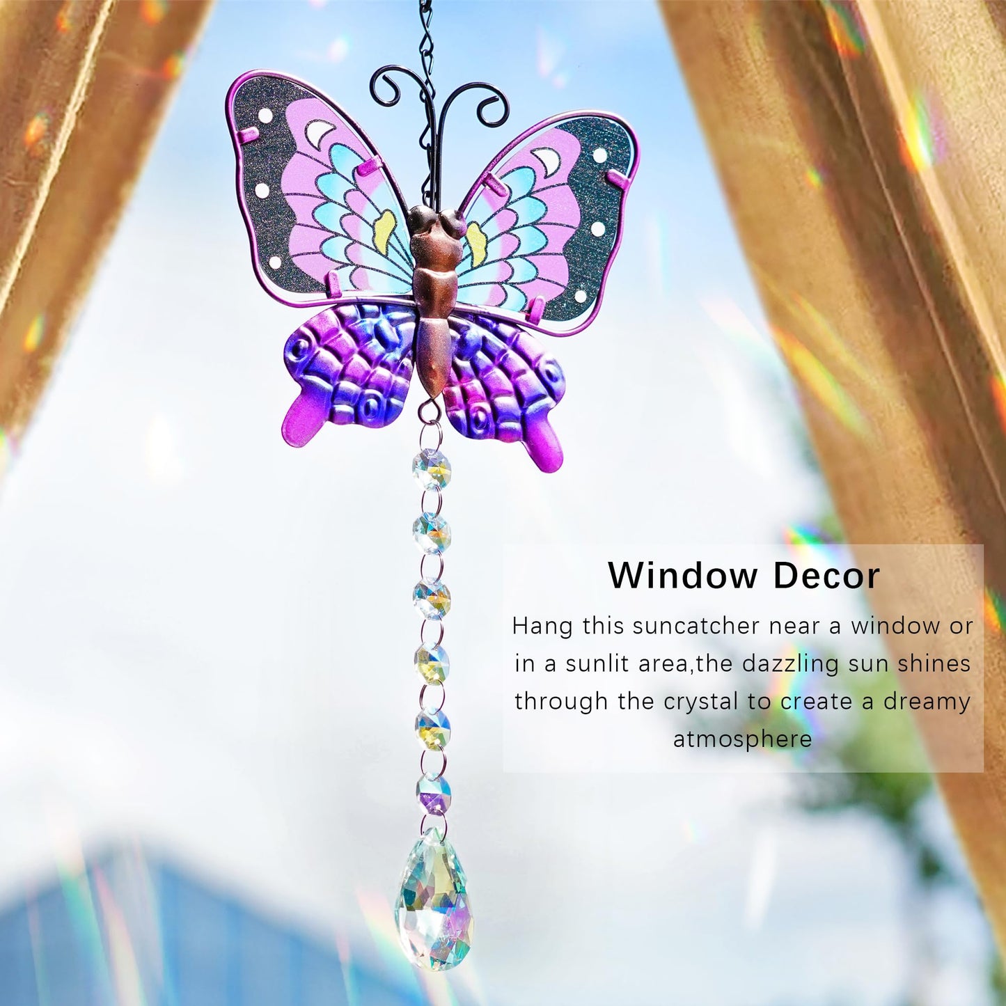 Set 2 Metal Butterfly Suncatchers for Windows - 14" Outdoor Fence Wall Art Decor, Rainbow Prisms Sun Catchers with Crystals Hanging for Home Garden Ornament for Christmas Tree