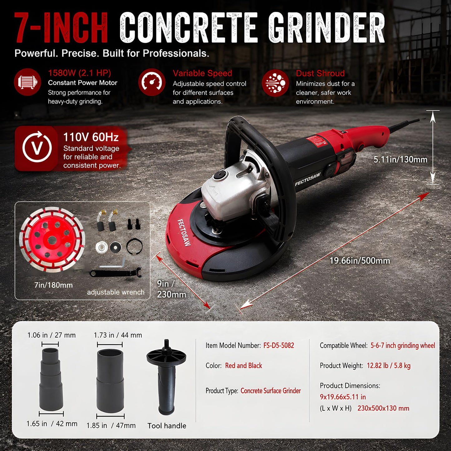 FECTOSAW 7-Inch Concrete Grinder,1580W (2.1 HP) Constant Power Motor, Variable Speed Electric Floor Polisher with Dust Shroud & Diamond Grinding Wheel for Concrete, Wall & Surface Grinding