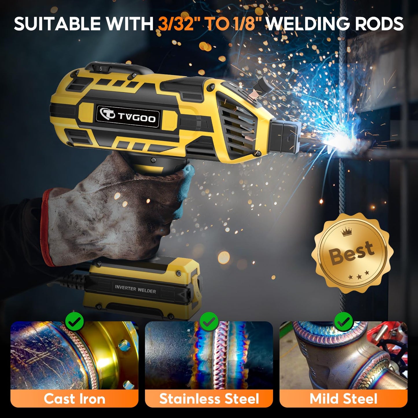 Tvgoo Portable Handheld Welding Machine - 110V IGBT Inverter Handheld Welder, 20-120A Portable ARC Welder with 5 Variable Current Adjustments,Hot Start & Anti-Stick for 3/32"-1/8" Welding Rods(Yellow)