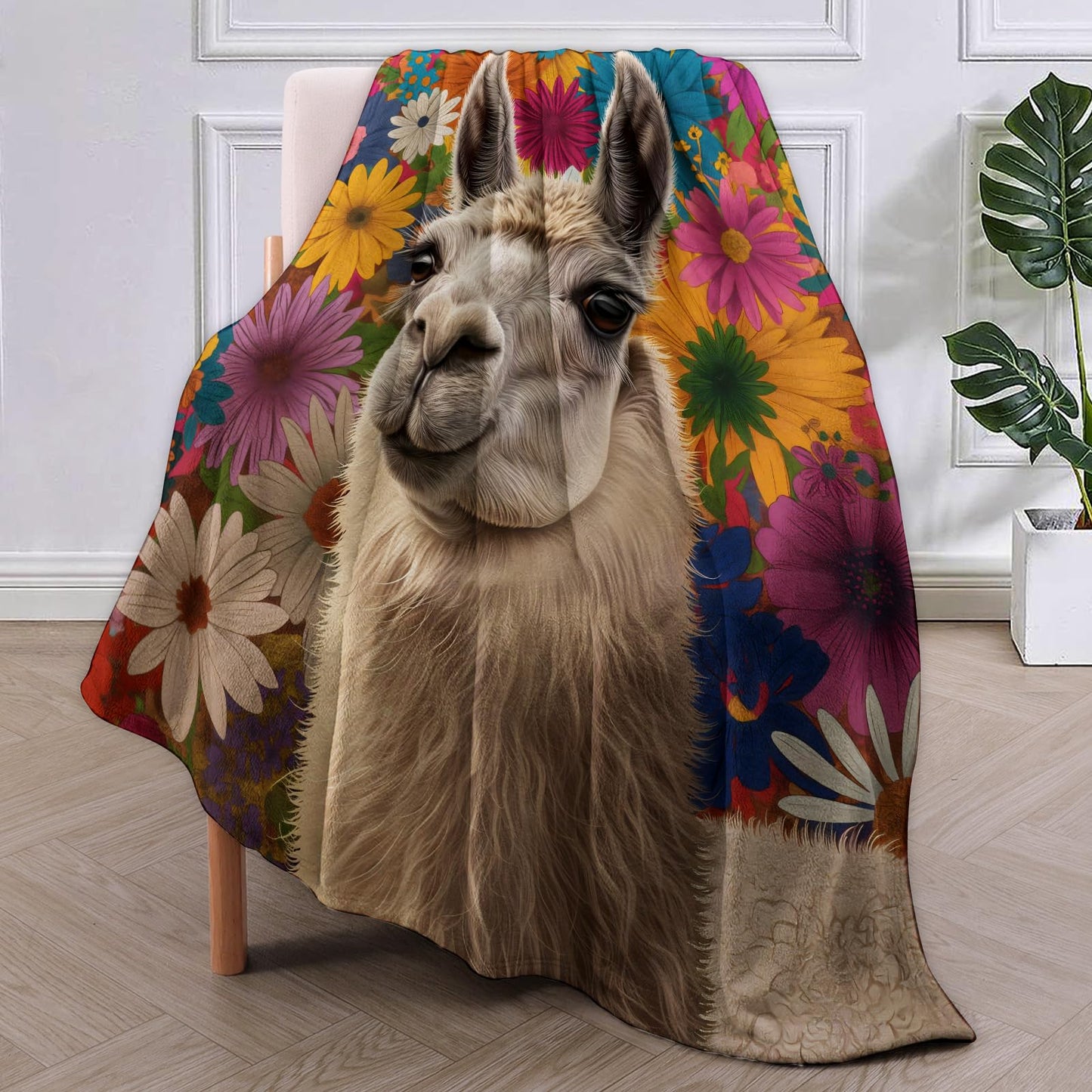 VANZEV Floral Llama Throw Blanket Gifts for Women, Boho Style Blankets for Living Room Home Decor, Cozy Flannel Llama Animal Plush Throws 50"x60"