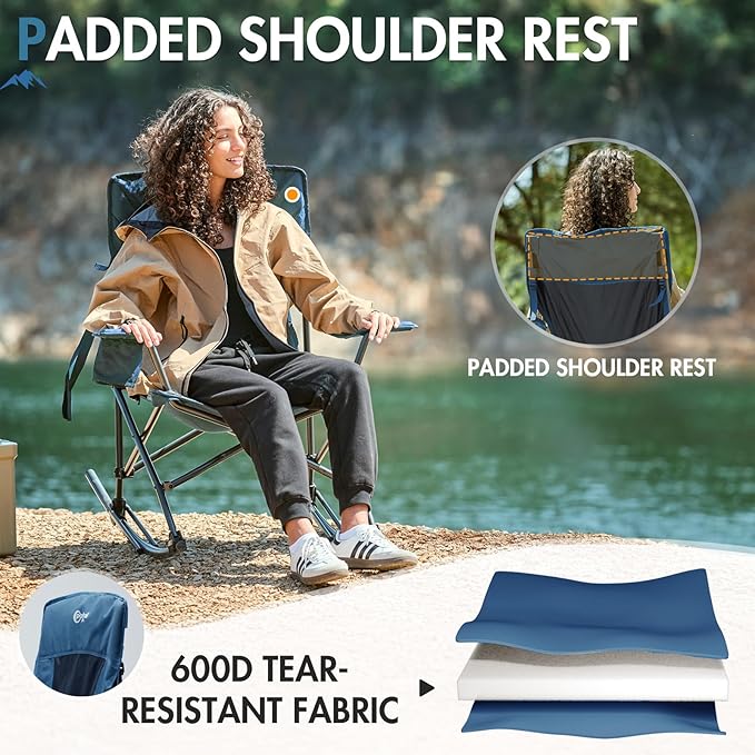 Portal Outdoor Rocking Chair Camping Folding Portable Rocker with Cup Holder Side Pocket Carry Bag, Support 350LBS (Midnight Blue)