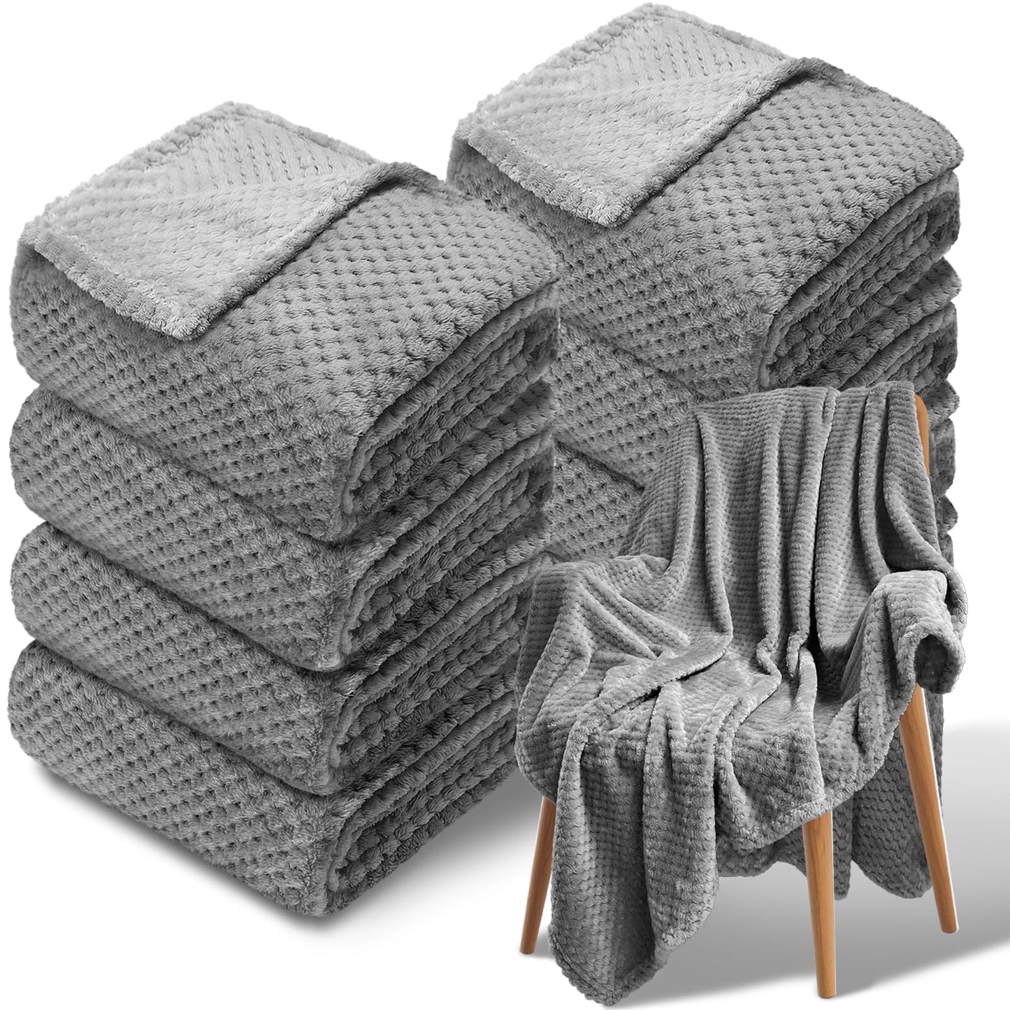 Tewloss 8 Pack Fleece Throw Blankets 50x60 Inches - 240 GSM Ultra Soft Plush Flannel for Bed Couch Sofa, Lightweight Warm 3D Waffle Texture, No Shedding No Pilling All Season Throw(Dark Gray)