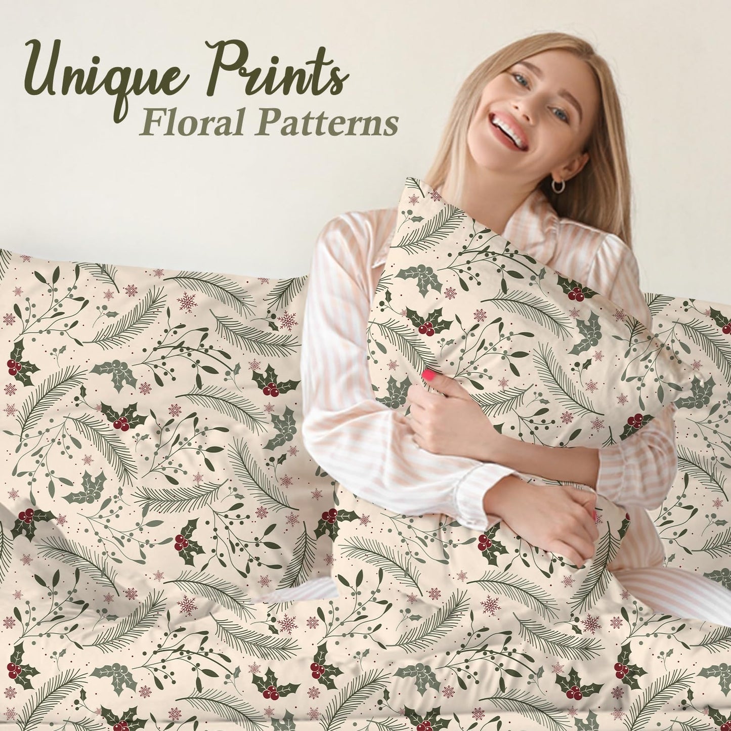 MICORAL Boho Floral Queen Sheet Set, 4-Piece Printed Botanical Bed Sheets, 16" Deep Pocket, Ultra Soft & Cooling Sheet, Oeko-TEX Certified, Beige Plants