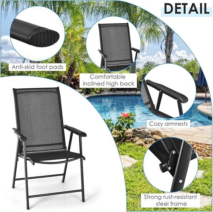 Giantex Set of 4 Patio Folding Chairs, Outdoor Chairs with Armrest, Portable Dining Chairs for Porch Camping Pool Beach Deck Lawn Garden, 4-Pack Patio Chairs, Metal Frame, Black