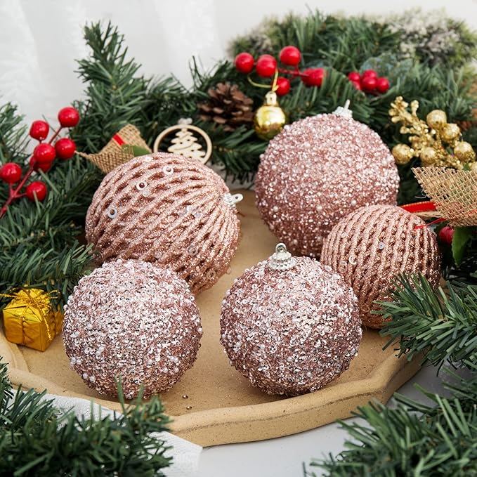 3.15" Christmas Ball Ornaments Glitter Shatterproof Christmas Tree Ornaments Sequin Xmas Hanging Balls Decorations for Wedding Party Holiday(Rose Gold, 12pc-8cm)