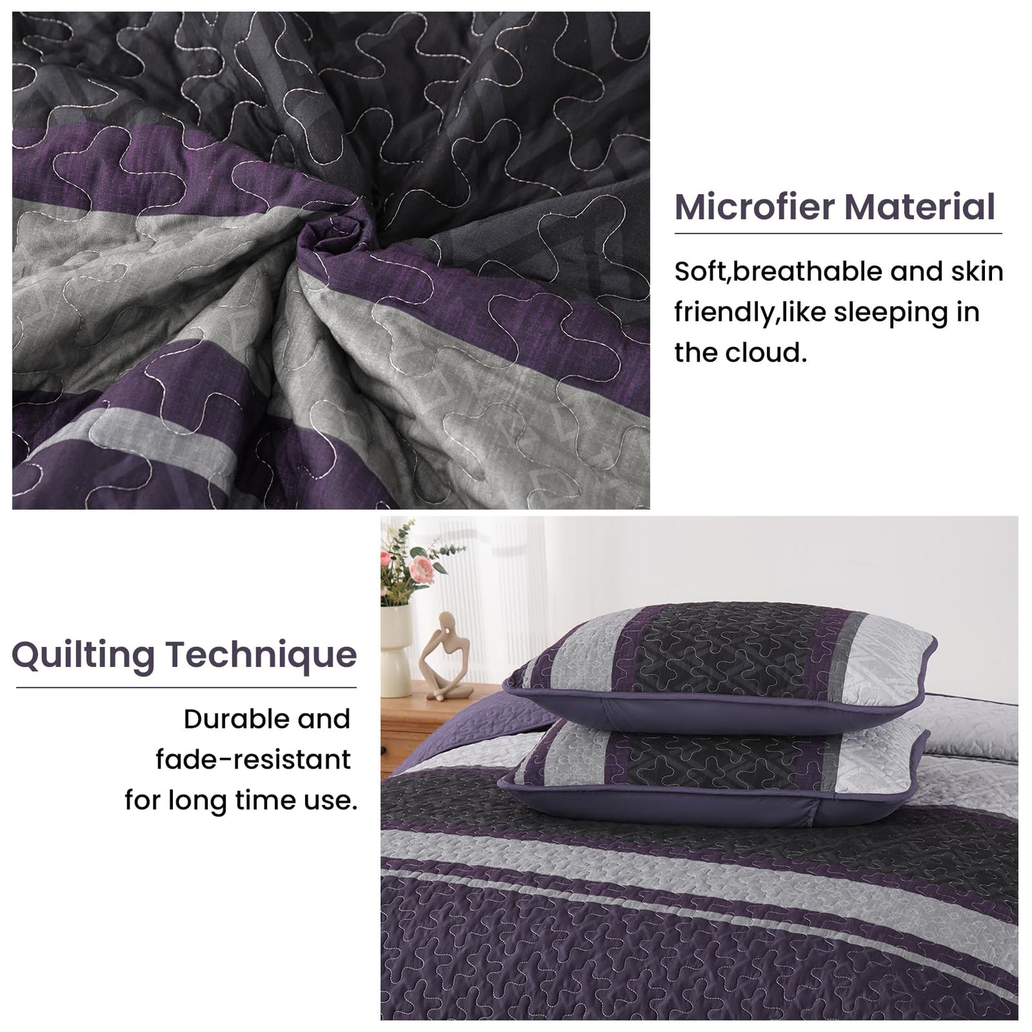 Dinjoy Queen Quilt Set Purple,Striped Bedspread Queen Size, Fall Bedding Sets 3 Pieces Micofiber Lightweight Quilts with 2 Pillow Shams Coverlet Bed Sets for Women Men 96''x90''