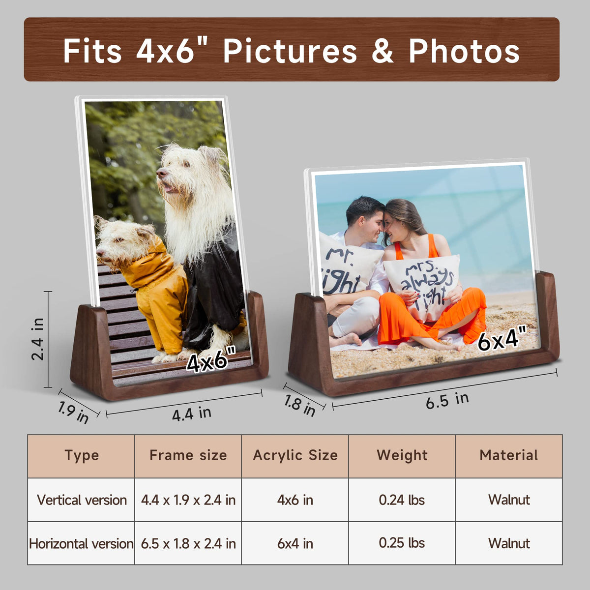 Komimaci 4x6 picture frames, Solid Rustic Wooden Photo Frames with Walnut Wood Base and High Definition Acrylic Glass Covers - 4 Pack for Tabletop or Desktop Display (4x6 inch, 4 Pack)