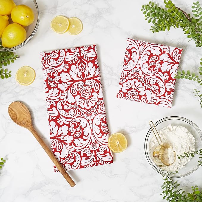 DII Cotton Dish Towel Set Damask Print, Tango Red