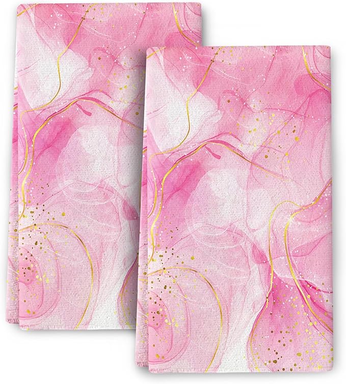 Pink Marble Kitchen Dish Towels and Dishcloths Sets of 2 Abstract Modern Dish