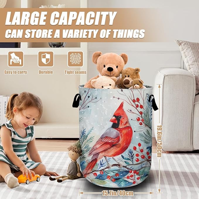 Watercolor Red Bird Laundry Basket, Foldable Winter Cardinal Laundry Hamper