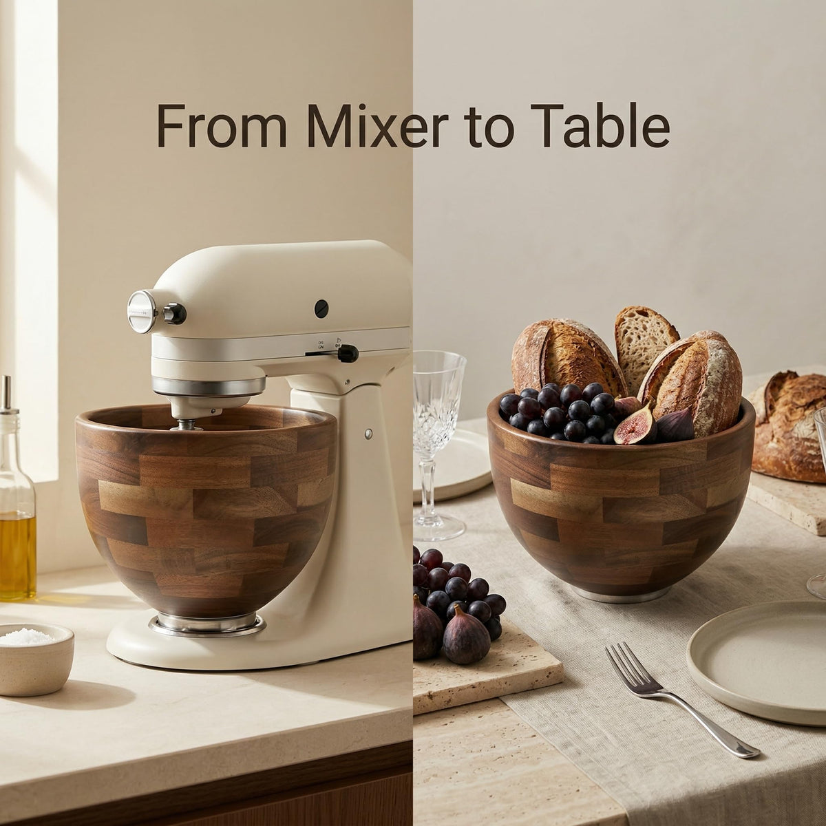 Handcrafted Wood Mixing Bowl for KitchenAid Tilt-Head Stand Mixers, Natural Wooden Bowl with Stainless Steel Base, 4.5–5 Qt, Natural Wood