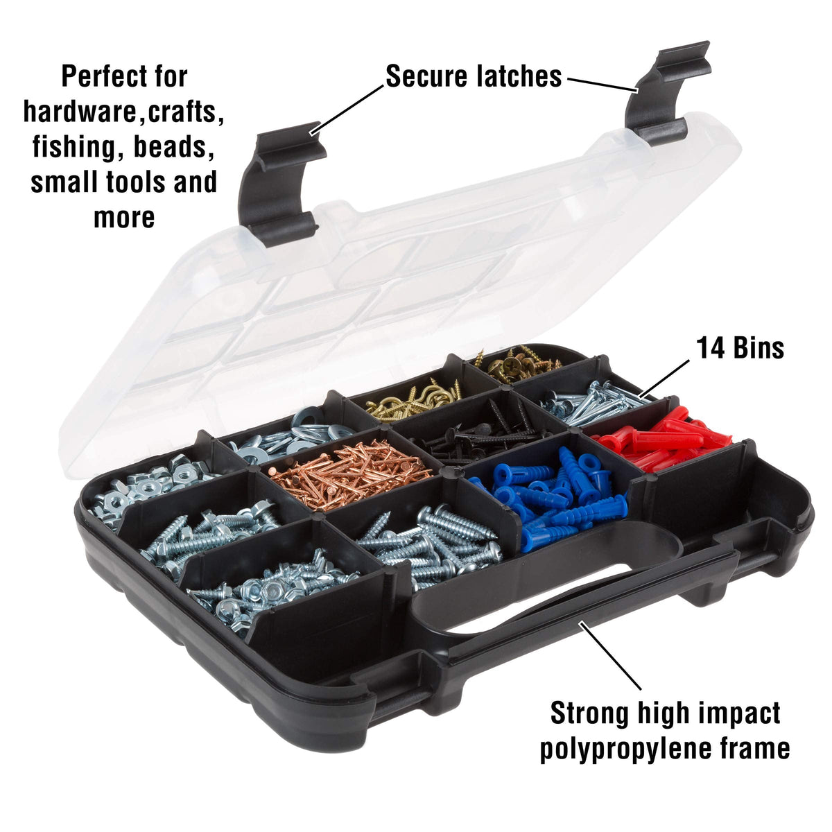 Hardware Organizer Box with Dividers - 14 Compartment Small Parts Organizer Portable Tool Box Organizer with Secure Latches - Plastic Screw Organizer Box for Nuts, Beads, Jewelry or Tackle by Stalwart