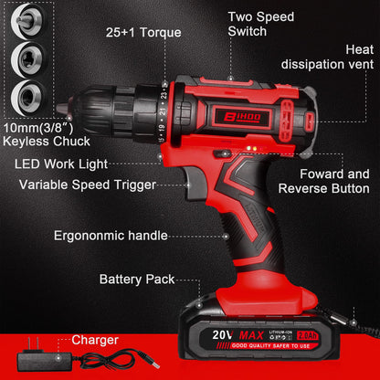 BIHOO Cordless Drill Set,20V Drill Driver with Battery and Charger,3/8-Inch Keyless Chuck, Variable Speed,with Drills Bits Set,Red