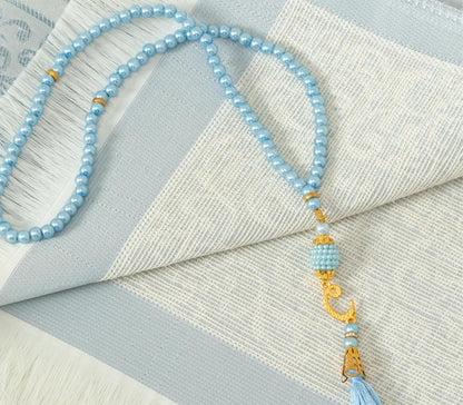 Prien Muslim Prayer Rug with Tasbih and Portable Bag, Muslim Gift for Women Men, Mubarak Islamic Box, Soft Mat Islam Gifts Set, Turkish Sajadah for Ramadan, Eid, Hajj, Travel, Pray (Blue)