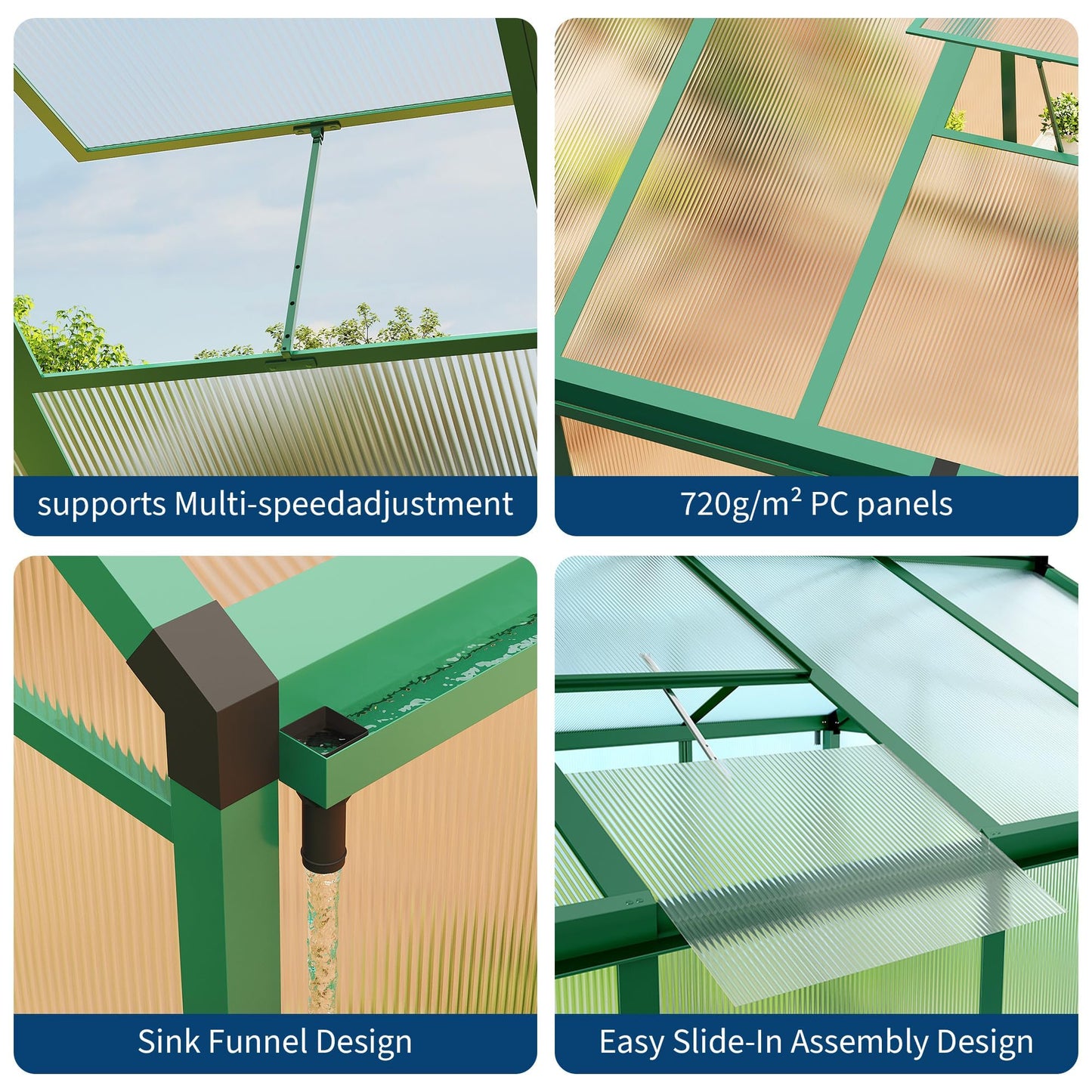 8x12 FT Polycarbonate Greenhouse for Outdoors, Aluminum Frame Green House with Lockable Door, Adjustable Roof Vent and Rain Gutters for Backyard, Garden, Patio
